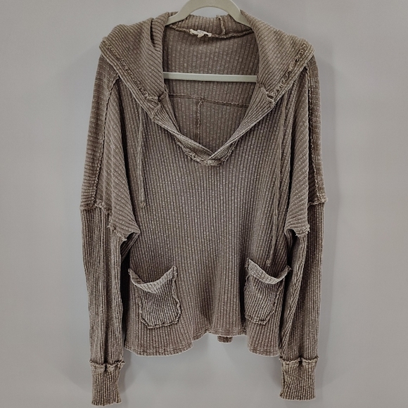 easel Pullover Hooded Top Size Medium Ribbed Distressed Beige Long Sleeve - Picture 1 of 4